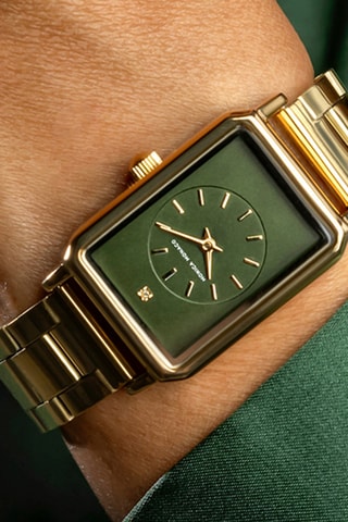 Stalen Quartz Horloge met Diamant - Goudkleurig en Groen