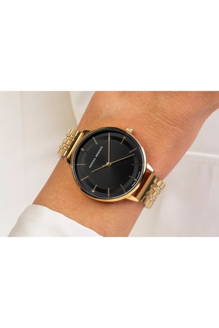 Stalen& Diamanten Quartz Horloge - Goudkleurig en Zwart - Monica Monaco
