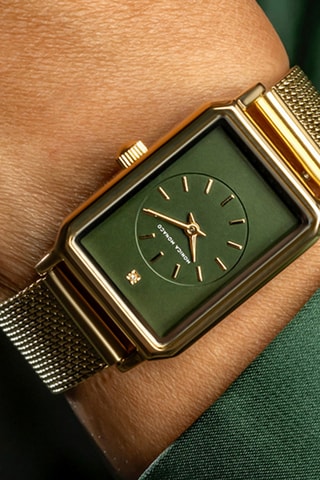 Stalen Quartz Horloge met Diamant - Goudkleurig en Groen