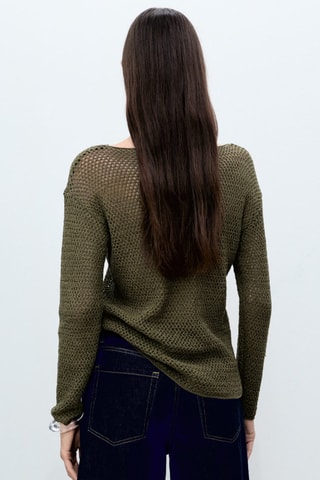 Pull col bateau en maille ajourée - Kaki
