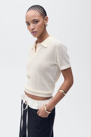 Pull-over maille ajourée col polo - Ecru