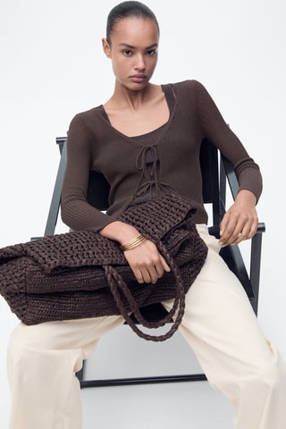 Cardigan maille côtelée noeuds - Chocolat