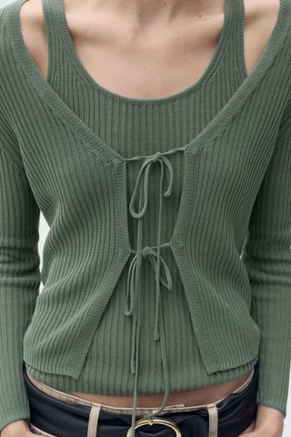 Cardigan maille côtelée noeuds - Vert