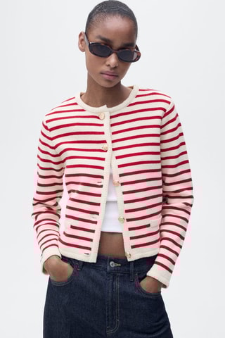 Cardigan maille rayures - Rouge