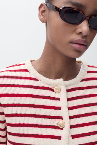 Cardigan maille rayures - Rouge