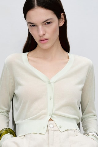 Cardigan crop maille semi-transparent - Vert d'eau