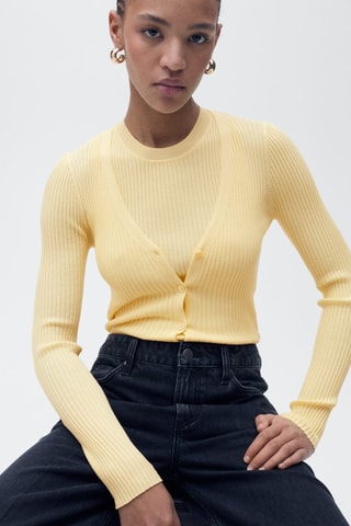 Cardigan maille côtelée col V - Jaune