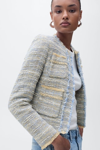 Veste tweed bords effilochés - Bleu ciel