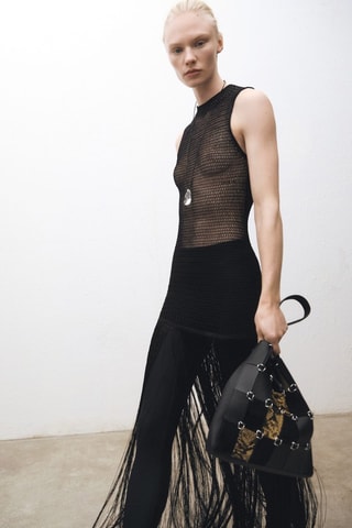 Robe maille ajourée franges - Noir