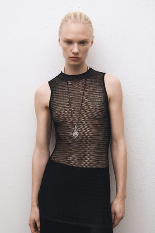 Robe maille ajourée franges - Noir