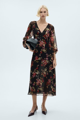 Robe florale manches bouffantes - Noir