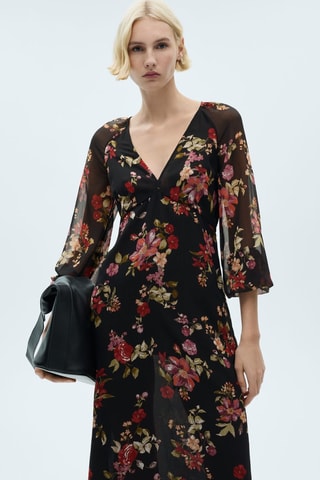Robe florale manches bouffantes - Noir
