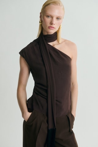 Blouse asymétrique avec foulard et détails à franges - Marron