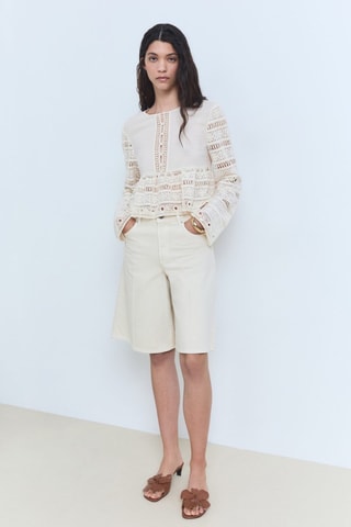 Blouse coton brodée détails ajourés - Ecru