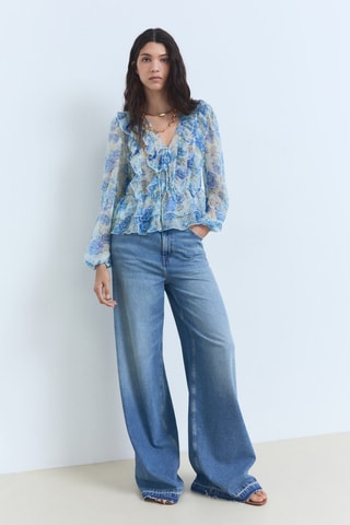 Blouse fleurie volants - Bleu ciel