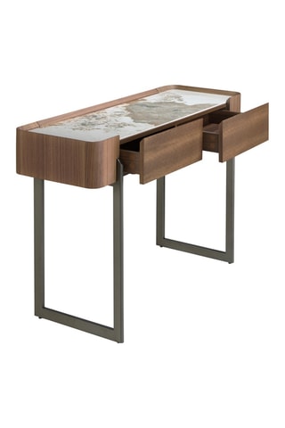 Consola com 2 gavetas em madeira placada a nogueira - 120 x 76 x 40 cm