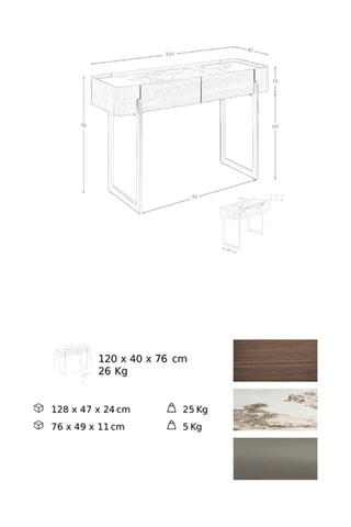 Consola com 2 gavetas em madeira placada a nogueira - 120 x 76 x 40 cm