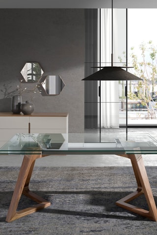 Table à manger extensible en noyer et verre - 160 x 75 x 90 cm