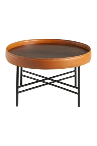 Mesa de centro em madeira e couro - 62 x 62 x 35 cm