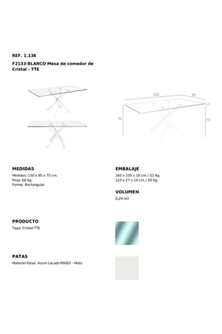 Table à manger en verre - 150 x 75 x 95 cm