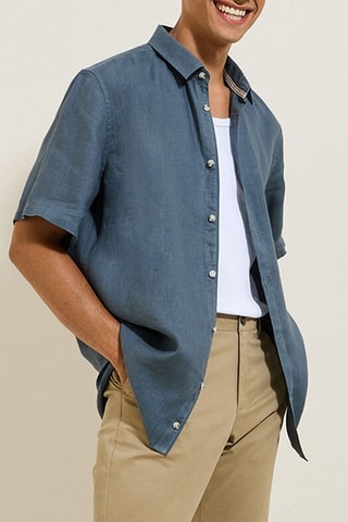 Camisa corta regular fit de lino - Azul