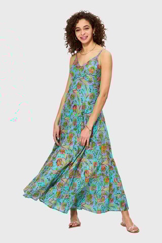 Vestido comprido - Turquesa - Laranja, rosa e turquesa