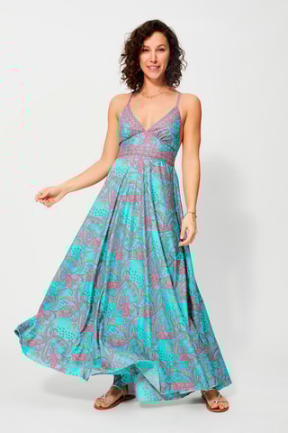 Vestido comprido Turquesa e fúcsia - Azul, amarelo e rosa