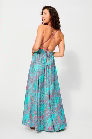 Vestido comprido Turquesa e fúcsia - Azul, amarelo e rosa