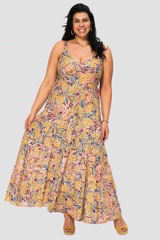 Vestido comprido - Bege - Bege, vermelho e azul