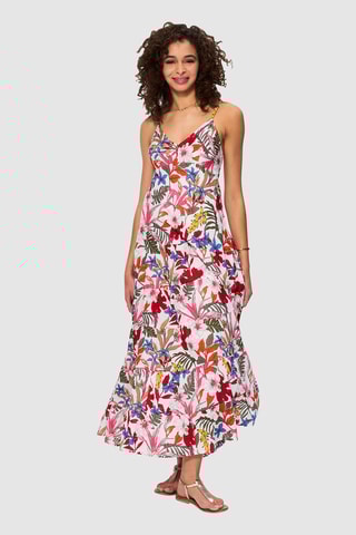 Vestido comprido - Cru - Azul, rosa e verde