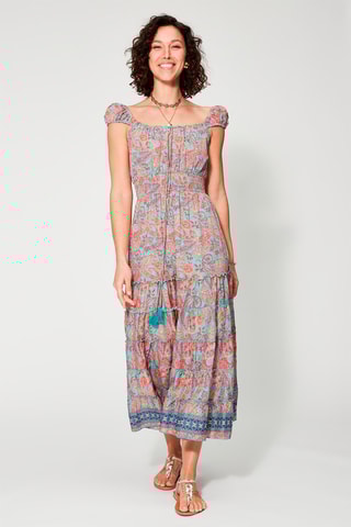 Vestido comprido Turquesa - Bege, azul e rosa