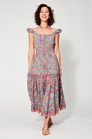 Vestido comprido Rosa - Bege, azul e violeta