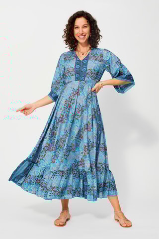 Vestido comprido Turquesa - Bege, vermelho e azul