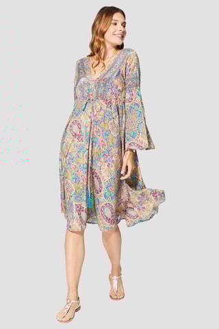 Vestido médio - Rosa - Azul, verde e laranja