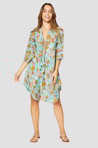 Vestido-camisa - Turquesa - Branco, azul e laranja