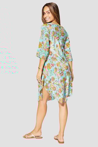 Vestido-camisa - Turquesa - Branco, azul e laranja