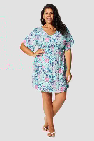 Vestido - Azul-pato, rosa e verde