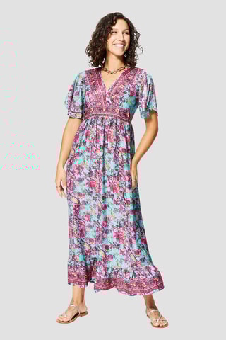 Vestido comprido - Turquesa e rosa - Bege, azul e rosa