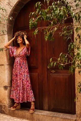 Vestido comprido - Rosa e turquesa - Branco, azul e amarelo