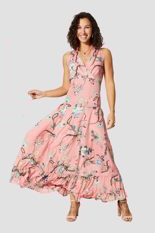 Vestido comprido - Rosa - Branco, verde e rosa