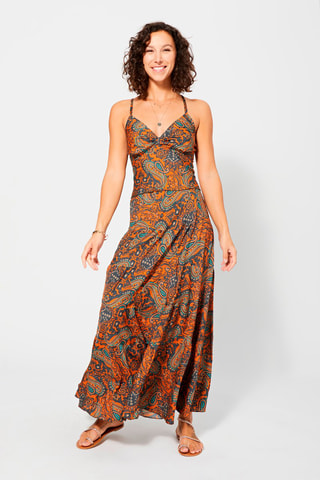 Vestido comprido - Laranja - Branco, azul e verde