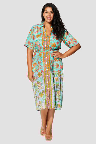 Vestido comprido - Turquesa - Branco, azul e laranja