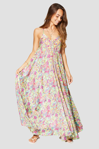 Vestido comprido - Amarelo e rosa - Azul, amarelo e rosa