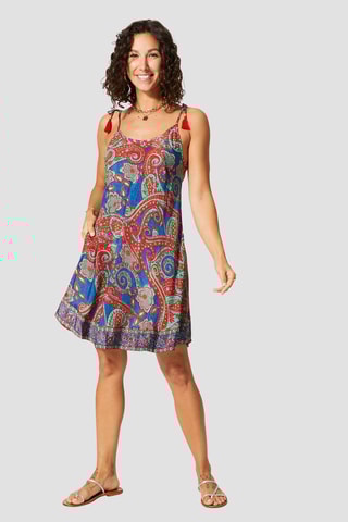 Vestido trapézio curto - Azul e vermelho - Vermelho, azul e verde