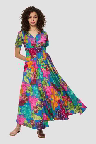 Vestido comprido - Azul-petróleo - Azul, verde e laranja