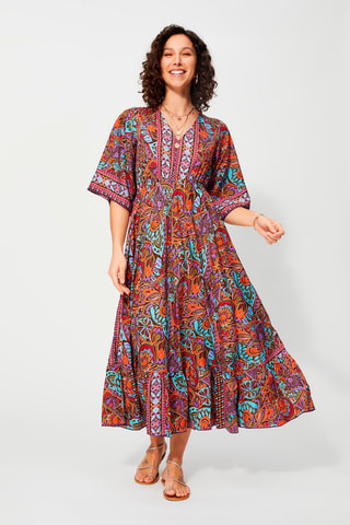 Vestido comprido Caqui - Azul, verde e laranja