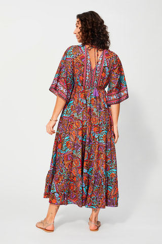 Vestido comprido Caqui - Azul, verde e laranja