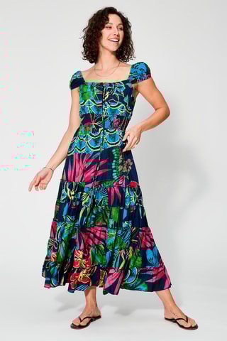 Vestido comprido Azul-marinho - Verde, amarelo e rosa