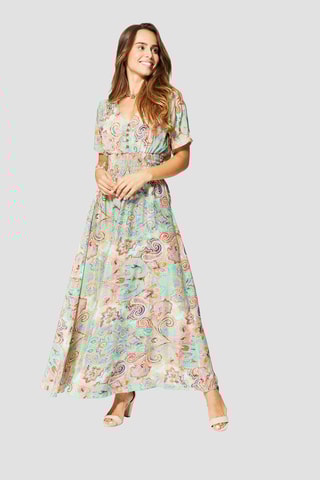 Vestido comprido - Azul-claro - Verde, bege e azul