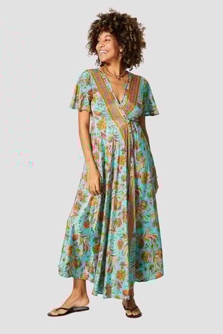 Vestido comprido - Turquesa - Branco, verde e laranja